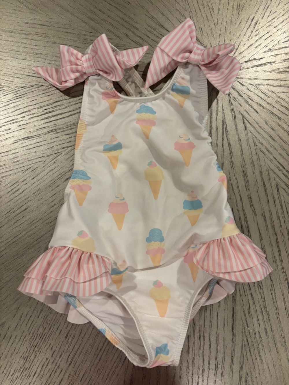 Sal & Pimenta Girls White Pink Ice Cream One-Piece Swimsuit with Bow Straps